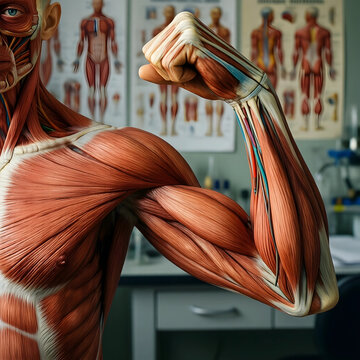 Anatomy and physiology education, human muscular system model showing bicep flexion in a medical laboratory for science research and healthcare training