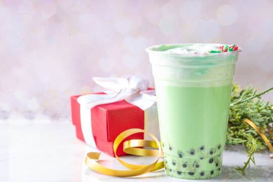 Green Christmas bubble tea drink