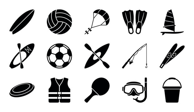 Beach sports vector icons with surfboard, beach volleyball and kite for web design in silhouette style