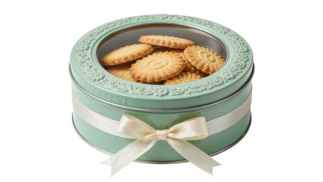 Decorative teal tin box filled with round cookies tied with a cream ribbon, isolated on transparent background