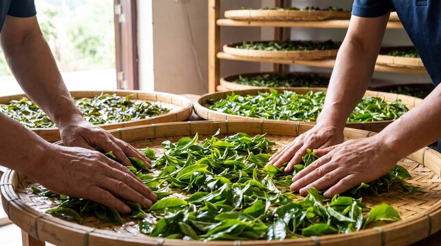 Workers Hand Rolling Tea Leaves on Bamboo Trays