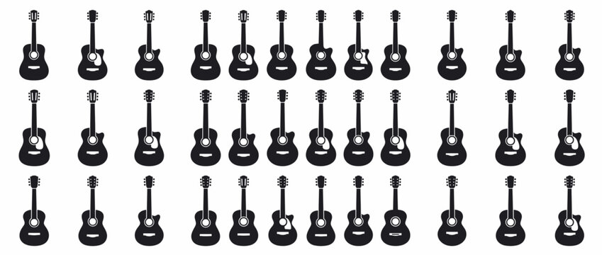 Electric guitars in black and white vector style. Classic guitar silhouettes isolated on transparent background. Stratocaster, Les Paul, Telecaster, SG, Flying V, Explorer, Jazzmaster, Jaguar,.