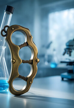 Bioethics and scientific aggression, brass knuckles next to laboratory glassware and microscope in a research facility for dangerous medical experimentation