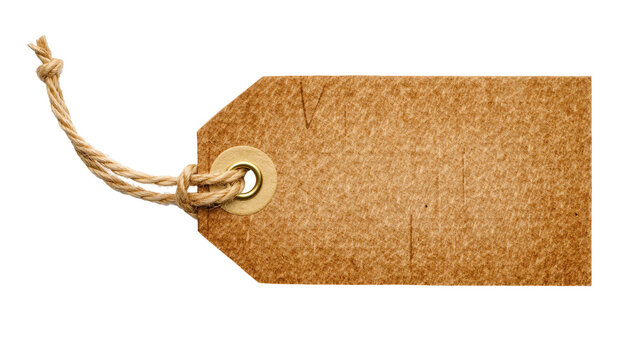 Brown kraft paper gift tag with golden eyelet and twine, isolated on transparent background
