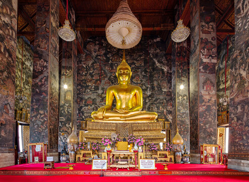 Bangkok, Thailand - January 17, 2026 : The Golden Buddha image Phra Sri Sakyamuni in the main chapel of Wat Suthat Thepwararam..