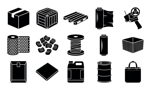 Packaging vector icons with cardboard box, bubble wrap and mailer envelope for presentation design in silhouette style