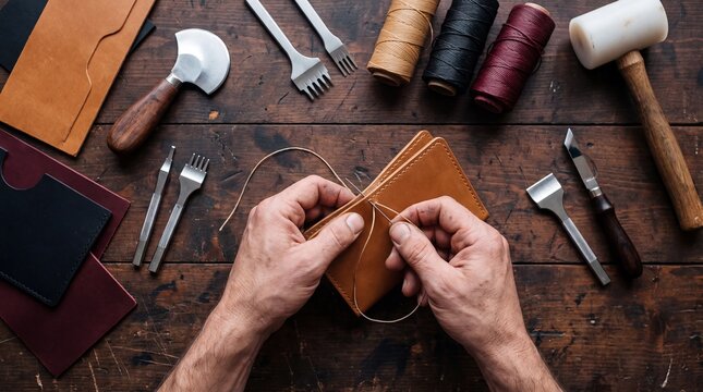 Leather Craftsman Hand Stitching Wallet With Tools on Bench