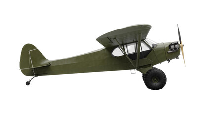 Olive green bush plane with large tires, isolated on transparent background © Dan