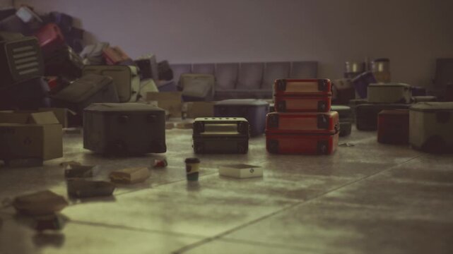 piled cardboard boxes and suitcases scattered under low fluorescent light, wet floor reflections, empty seating in background, latenight closure vibe, muted