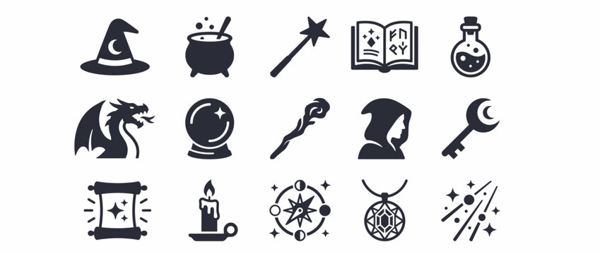 Witchcraft occult symbols set. Mystical magic icons isolated on transparent background. Cauldron, wand, pentagram, dragon, moon, book, skull, candle, crystal ball, broomstick, star, dagger, eye,.