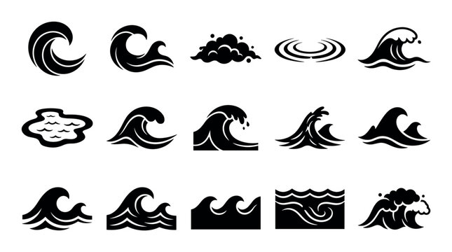 Ocean wave elements vector icons with curling waves, tidal swells and sea foam for mobile app design in silhouette style