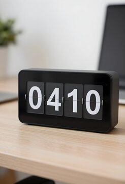 Time management and deadline pressure, retro flip clock on office desk showing early morning hours for productivity and work schedule planning