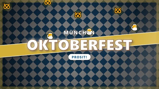 Animated Oktoberfest celebration text graphic on patterned background with pretzels and beer mugs.