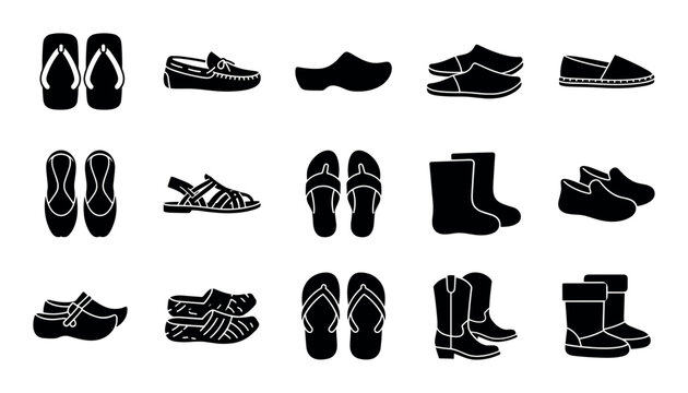 Traditional footwear concept icons with geta sandals, moccasins and clogs for infographic design in silhouette style