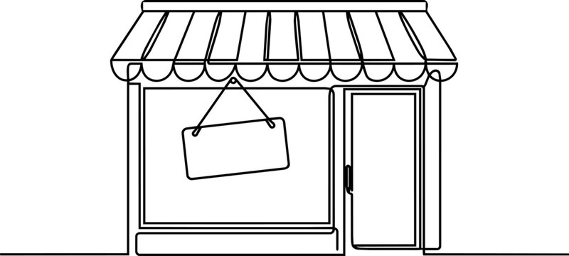 Continuous one-line drawing of local retail shop building and commercial storefront, representing small business franchise, entrepreneurship and market commerce vector.
