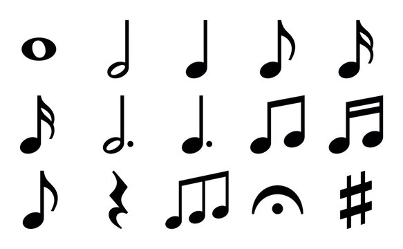 Musical note vector icons with whole note, half note and quarter note for mobile app design in solid glyph style