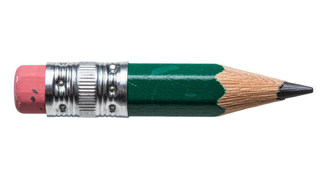 Green hexagonal pencil with pink eraser and metal ferrule, isolated on transparent background