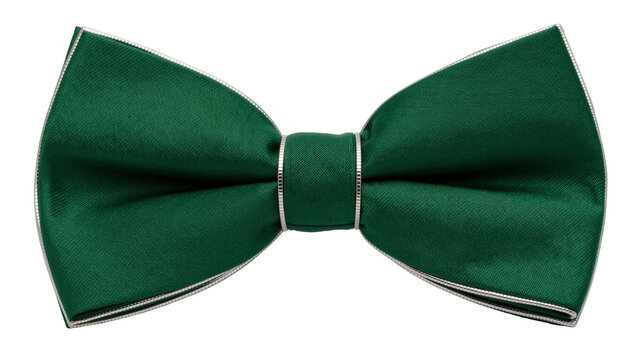 Elegant emerald green satin bow tie with silver trim, isolated on transparent background