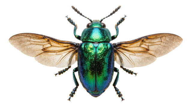 Iridescent green beetle with spread wings, isolated on transparent background