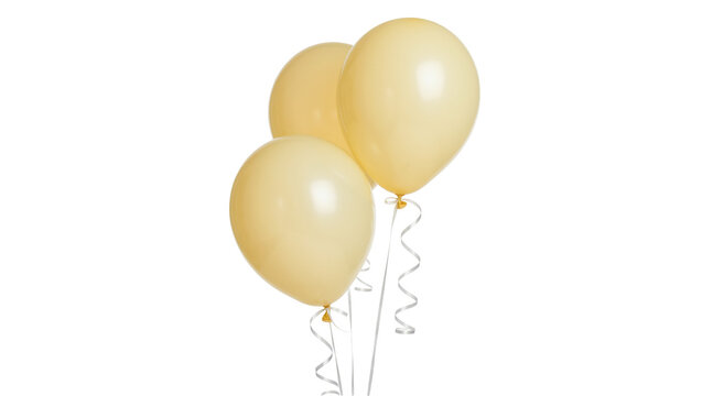 Three pale yellow balloons with white ribbons, isolated on transparent background