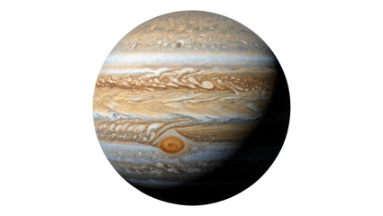 Massive Jupiter planet with swirling cloud bands and Great Red Spot, isolated on transparent background © Dan