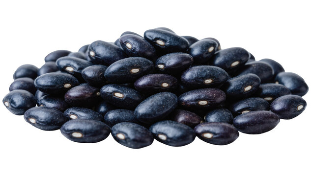 Pile of dark black beans with white hilum, isolated on transparent background