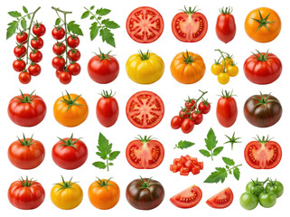 Fototapeta premium Collection of fresh ripe tomatoes in various colors and shapes isolated on white background