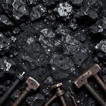 Energy crisis and fossil fuel industry, coal mining tools and raw carbon rocks with industrial equipment for power generation and heavy manufacturing