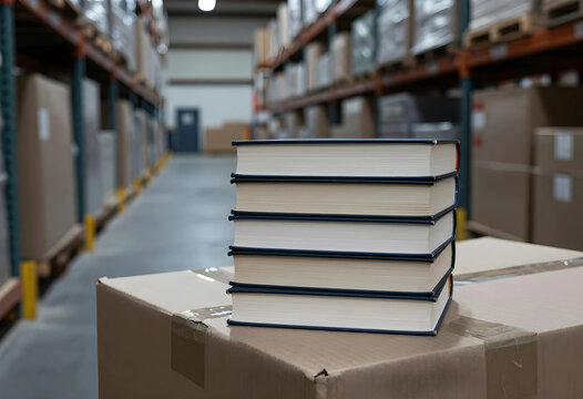 Education logistics and supply chain, stack of books on cardboard box in warehouse distribution center for knowledge distribution and academic shipping