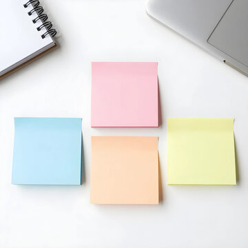 Productivity and task management, colorful sticky notes with laptop and notebook on white desk for business planning and creative brainstorming session
