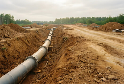 Infrastructure development and energy pipeline construction, industrial project with steel pipes laid in a deep trench on a rural excavation site