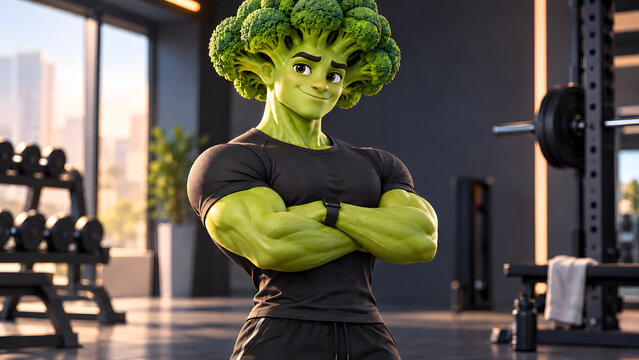 Muscular broccoli fitness character posing in gym