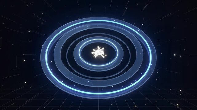 A glowing celestial star surrounded by multiple concentric orbital rings floating within a dark cosmic void filled with distant stars and luminous particle streams during an interstellar