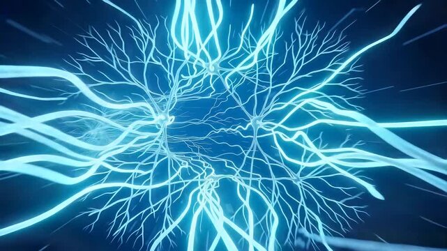 Glowing neural pathways transmit electrical impulses through a vast intellectual matrix network mapping human cognition and neurological science concepts inside the central nervous system. 4K