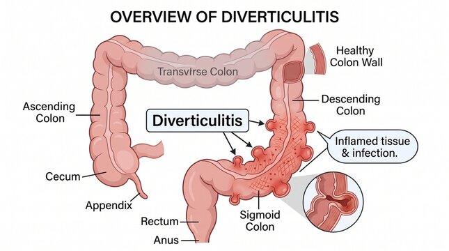 Diverticulitis medical diagram showing colon inflammation and anatomy