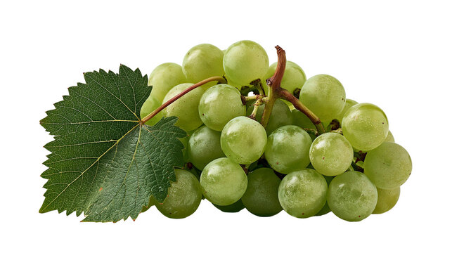 Fresh cluster of ripe green grapes with a large serrated vine leaf