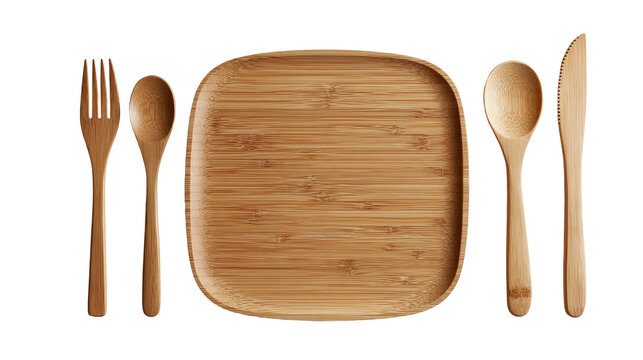 Square bamboo plate with wooden fork spoon, and knife cutlery set