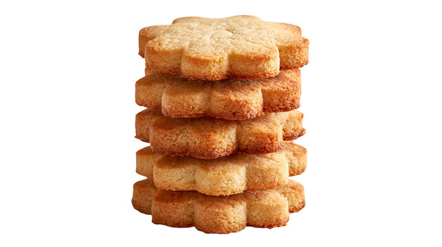 Stacked flower shaped golden brown shortbread cookies with textured surface