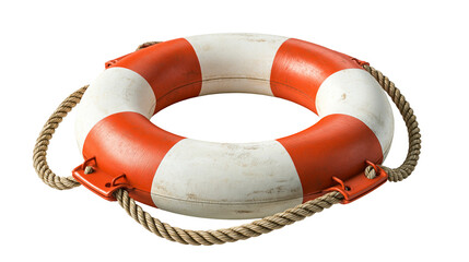 Red and white circular lifebuoy with textured rope grab line © Liselotte