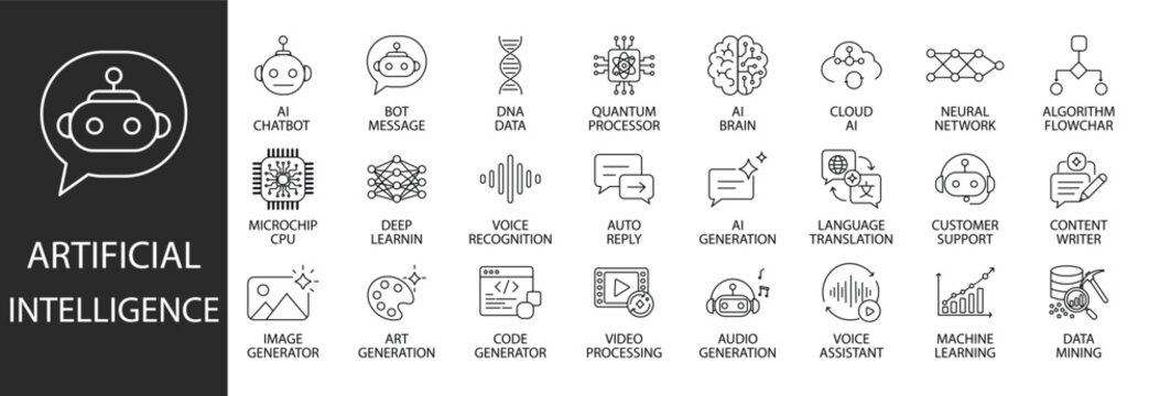 Artificial intelligence icon set. Machine learning and futuristic technology outlines featuring editable stroke vector symbols for digital projects and tech applications.