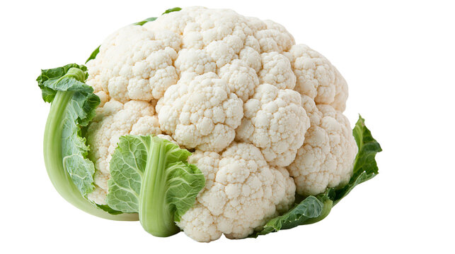 Fresh whole cauliflower head with vibrant green leaves