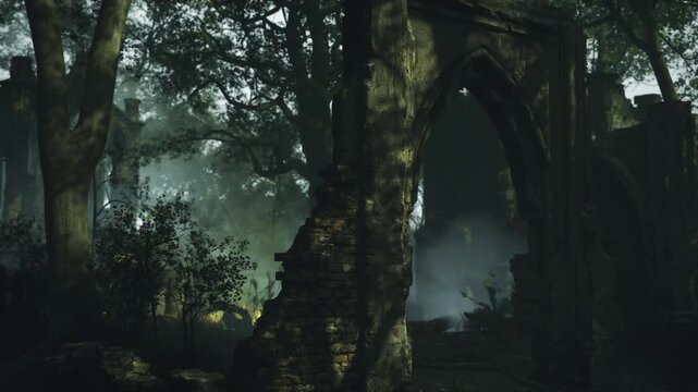 Dappled cathedral ruins under dense canopy, broken arches and mossy pillars catching filtered light, tangled undergrowth, cool green shadows, evocative