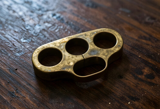 Violence and crime prevention, brass knuckles on a dark wooden table as a symbol of illegal weapon possession and street aggression in urban areas