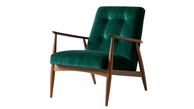 Deep green velvet armchair with tufted back and wooden frame, isolated on transparent background