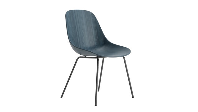 Modern blue molded plastic chair with thin black metal legs, isolated on transparent background