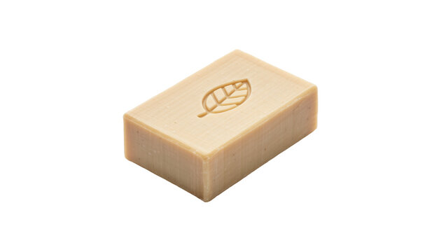 Rectangular beige bar of soap with embossed leaf logo, isolated on transparent background