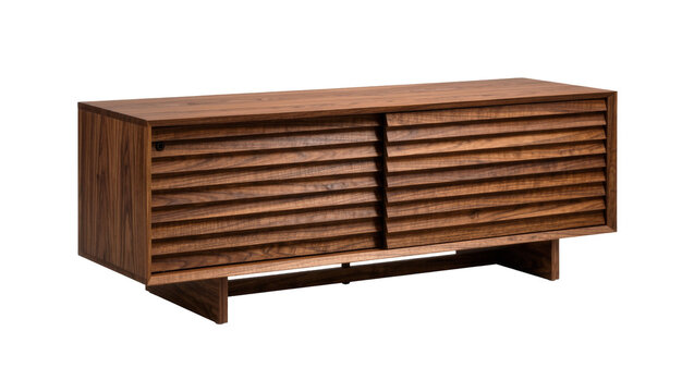 Modern slatted wood media console cabinet with sliding doors, isolated on transparent background