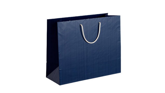 Dark blue paper shopping bag with white rope handles, isolated on transparent background