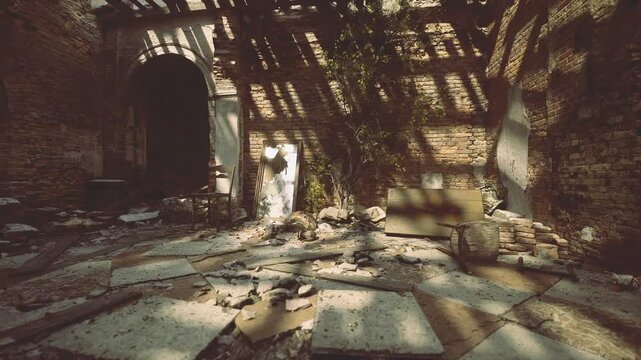 Warm backlit ruin with distant figure in doorway, Georgia interior washed in nostalgic sepia tones, patterned floor, creeping vines and mottled shadows