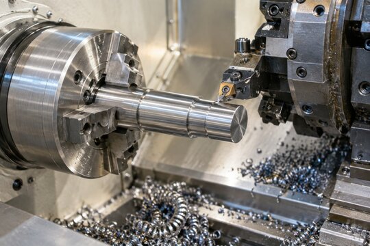 CNC lathe machine cutting metal workpiece with precision cutting tool in modern industrial manufacturing factory workshop